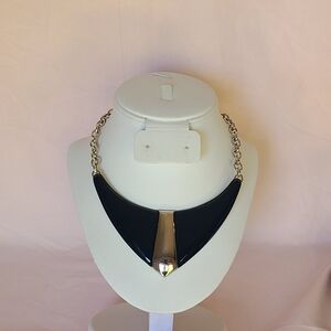 Monet Black Enamel Silver Tone Triangular Bib Modernist Statement Necklace